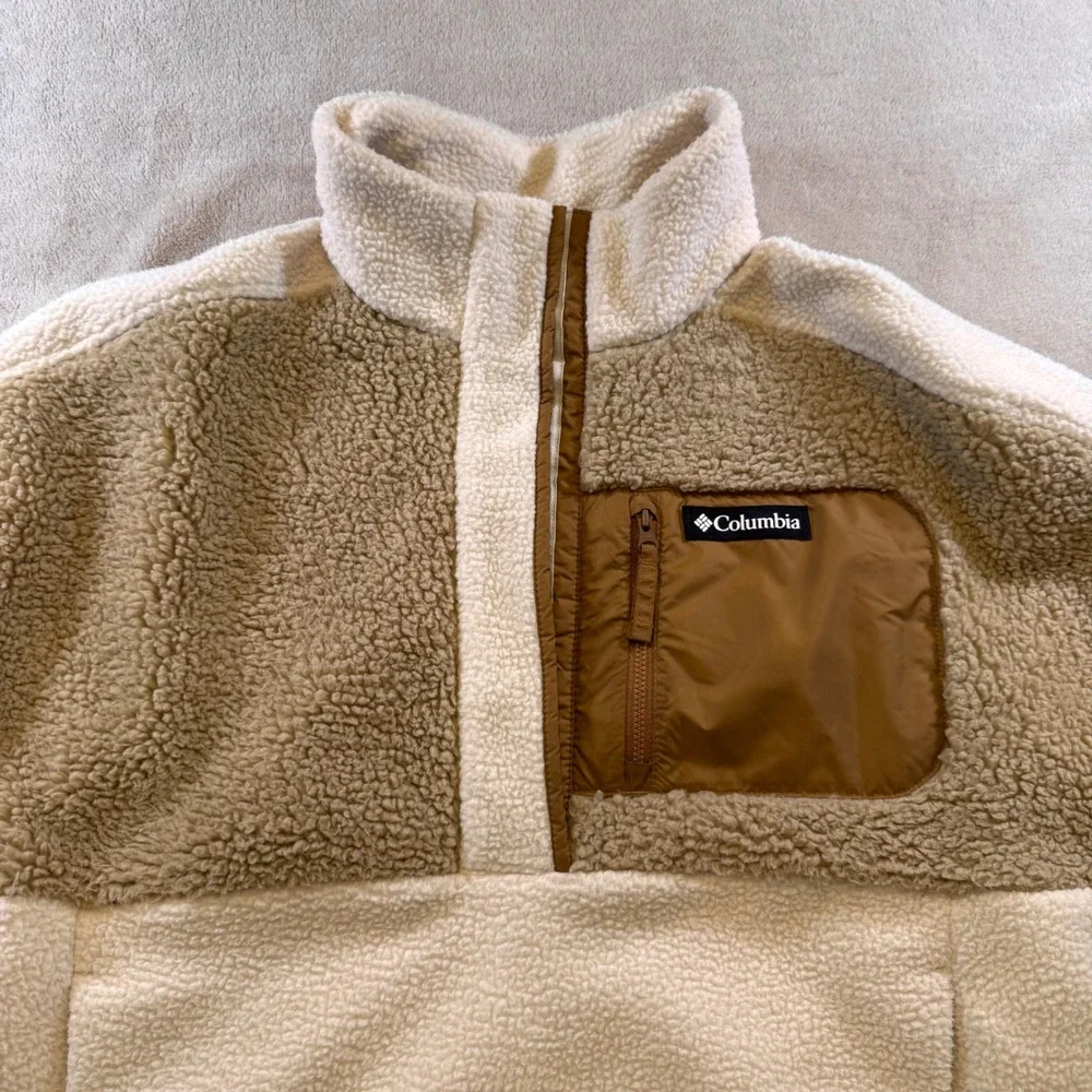 Columbia Neutral Sherpa Fleece Pullover Tan Cream Cozy Outdoor Crop Jacket Sz XL - Picture 6 of 12